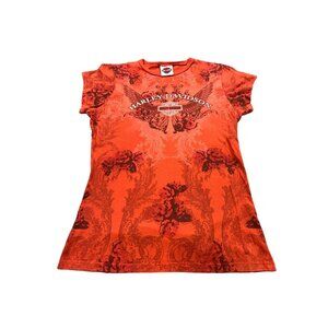 Harley-Davidson Womens Medium Distressed Orange Lafayette, LA Cajun Shirt Floral
